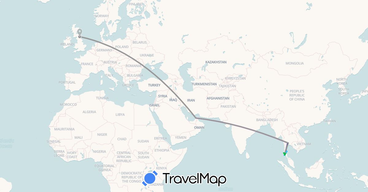 TravelMap itinerary: driving, bus, plane, train, boat in United Arab Emirates, United Kingdom, Thailand (Asia, Europe)